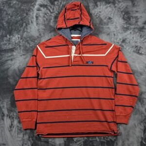 LL Bean Hooded Rugby Shirt Mens Medium M Orange Striped Long Sleeve Cotton Hoody